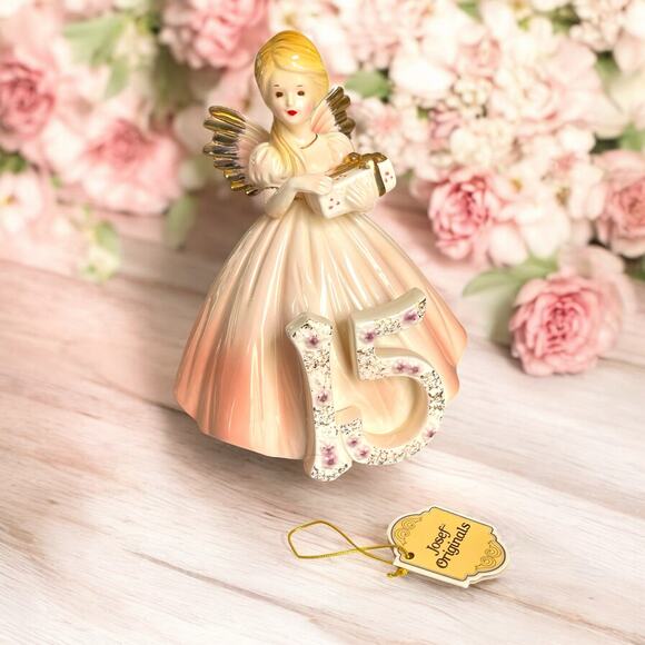 Vtg Josef Originals Birthday Angel Figurine Year 15 Japan Black Eyes Sticker Tag - Picture 2 of 12